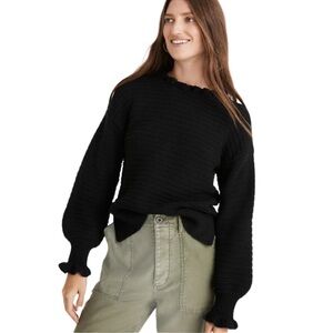 Madewell Ruffle Neck Cotton Merino Wool Black Sweater